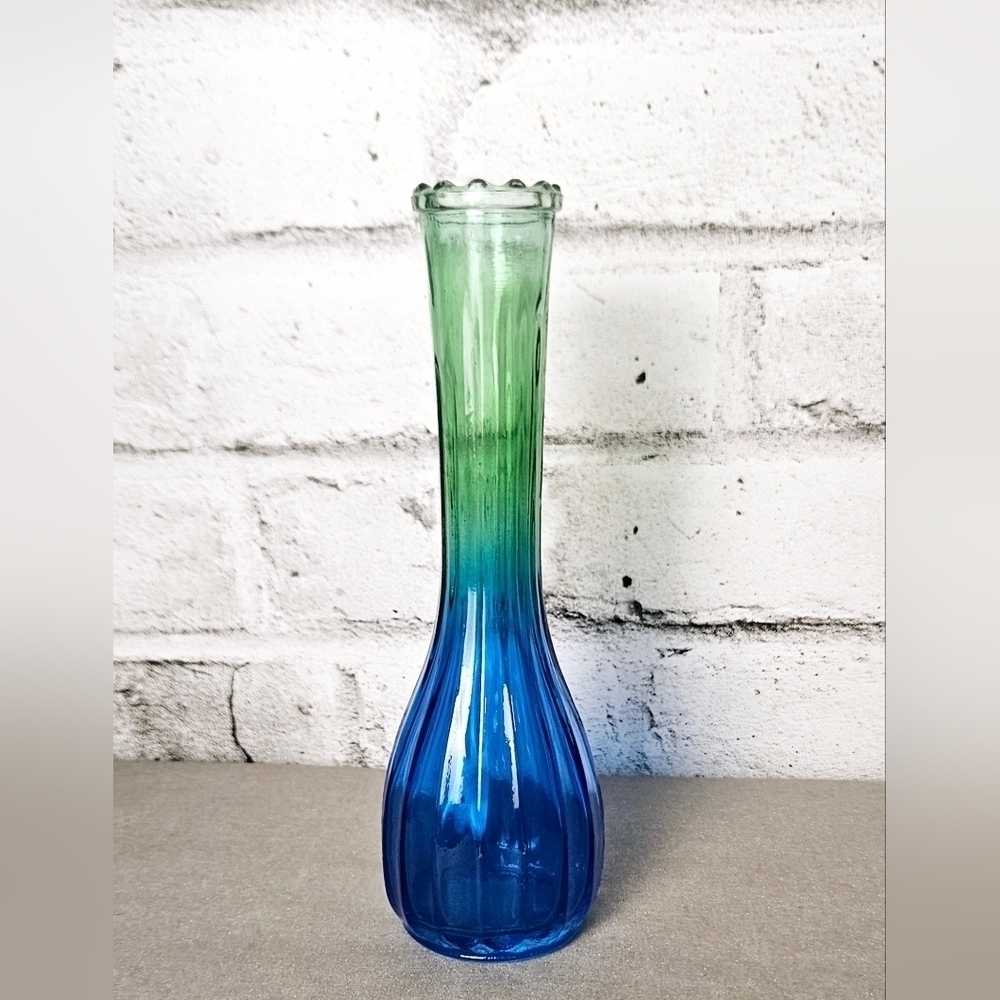 Vintage Blue Green Ombre Ribbed Glass Bud Vase Retro MCM 8.5 Inch